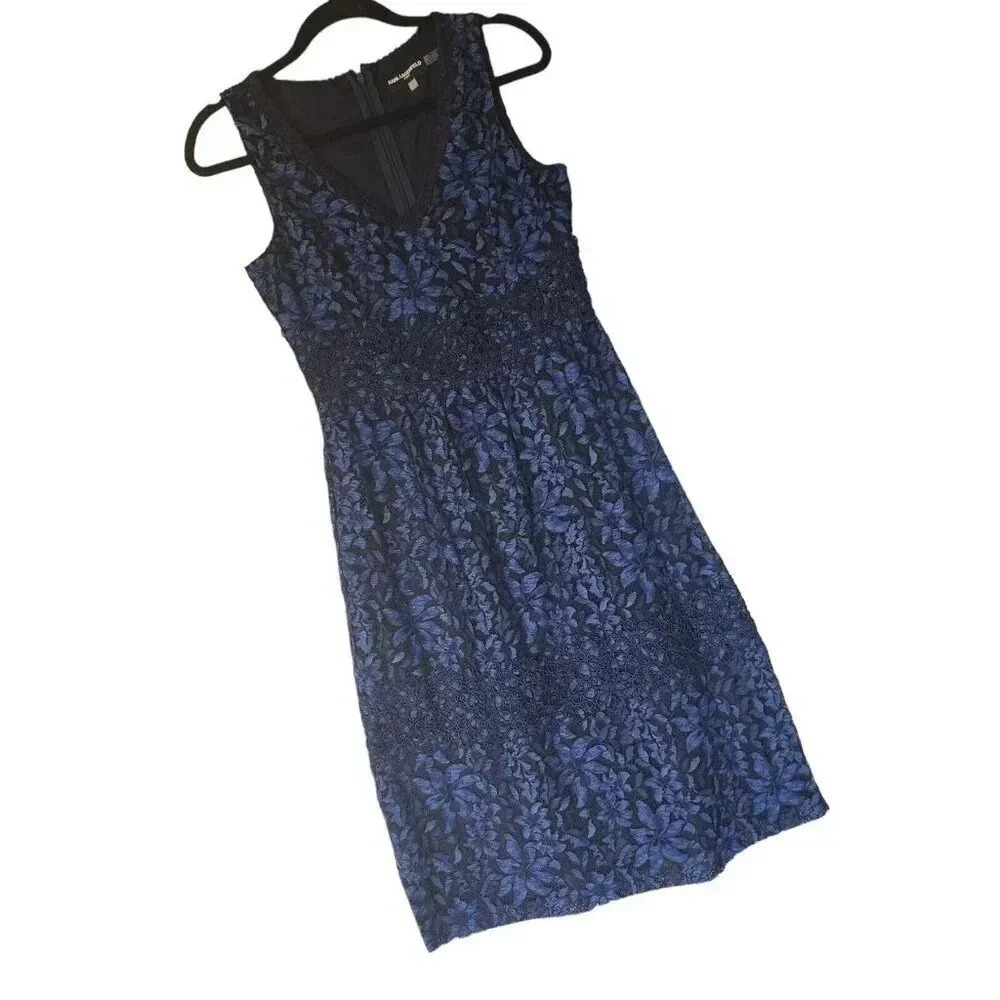 Karl Lagerfeld Cocktail Shift Dress Size 4 Blue & Black Lace Back Zip V-Neck - Picture 3 of 9